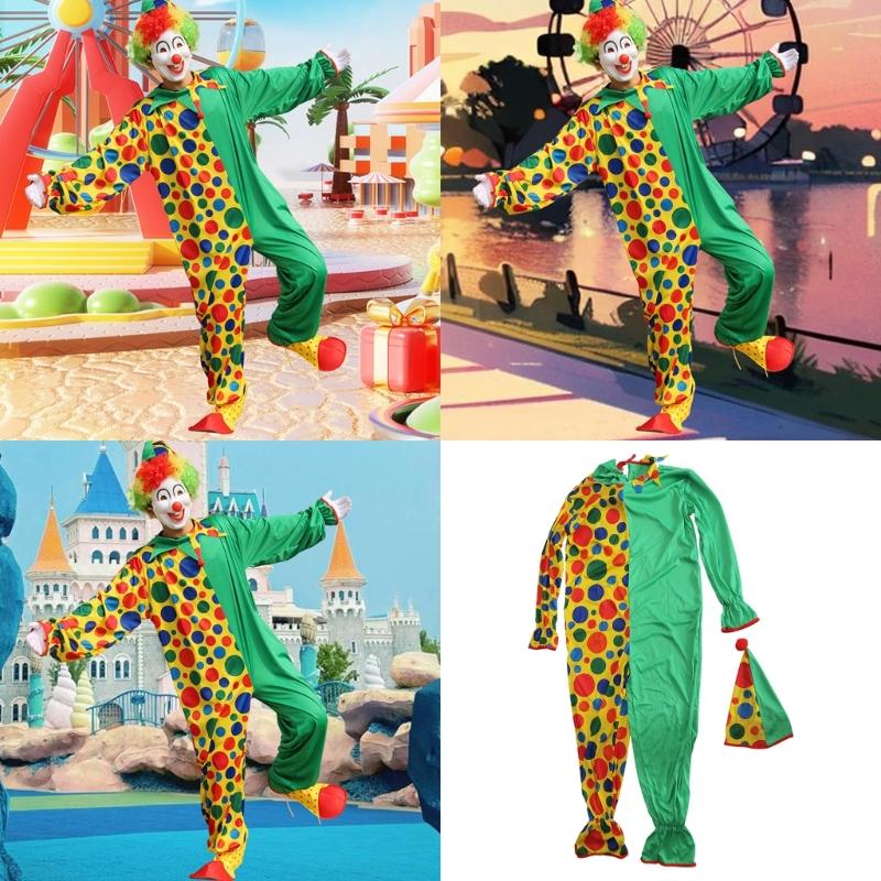 2Pieces Adult Clown Costume with Clown Hat and Clown Jumpsuits for Cosplay Halloween Party Stage Performances