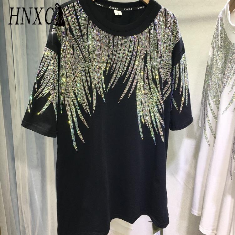 HNXC Extra-large Size Fat M Spring Collection, Casual and Versatile, Heavy Metal Hot Diamond T, Mid-length for Men and Women, Slimming Short-sleeved