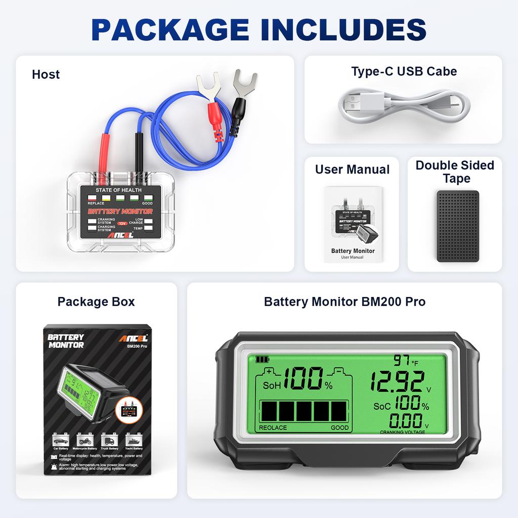 12V Battery Tester Battery Health Analyzer Charging Tester Tool ANCEL BM200 PRO 12V LED Car Battery Monitor Head-Up Display