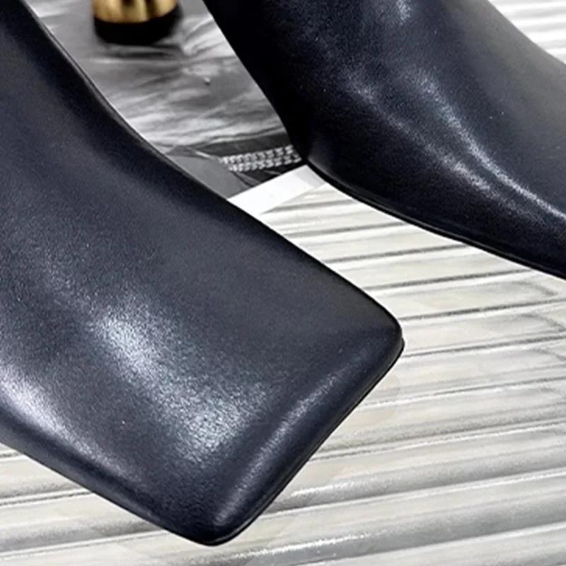 2025 Nuevas Zapatillas Elegantes de Punta Cuadrada para Mujer Sandalias de Cuero de Tacón Medio de Moda Zapatos Mule Tendencia Primavera Diseñador Vestido Femme Chaussures