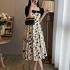 Square Neck A-line Skirt Floral Short Sleeves Dress Sweet Flower Long Dress  Evening Party