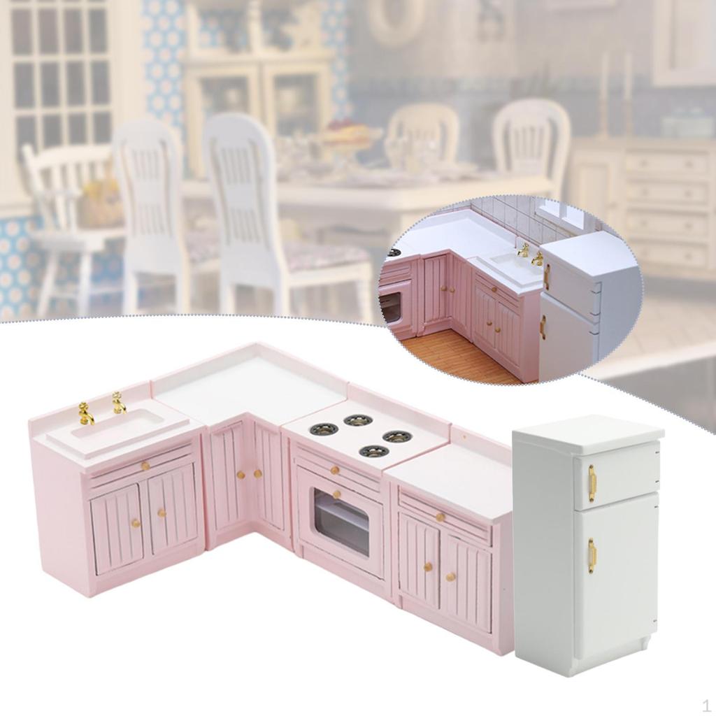 1/12 Doll House Mini Furniture Kitchen Set Playset Cabinet Cooking Table Sink Counter Fridge