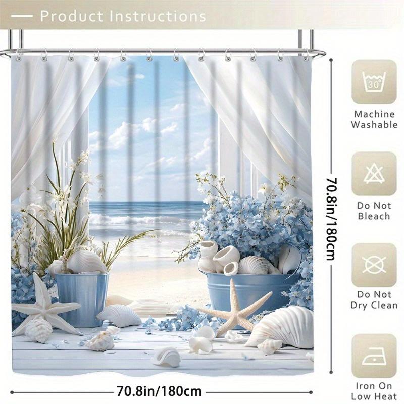 Beach Pattern Shower Curtain - Modern Personality, Waterproof Polyester, Rainbow Cartoon Theme, All-Season,  Bath Decor