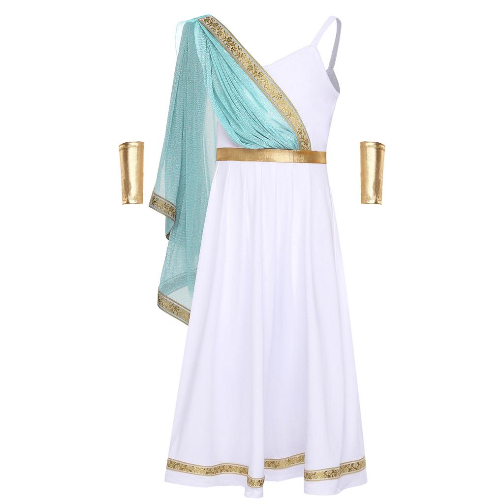 Disfraz de Princesa Griega Antigua para Niñas Vestido Camisola de Cintura Alta Capa con Bordado Dorado Manga para el Brazo Atuendo de Halloween