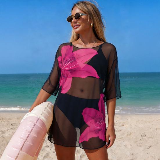 3-teiliges Set Damen Badeanzug Set V-Ausschnitt Träger-BH Hoher Taillen Slip Bikini Set mit Atmungsaktivem Netz Cover-Up Urlaubs Party Sommer Bademode