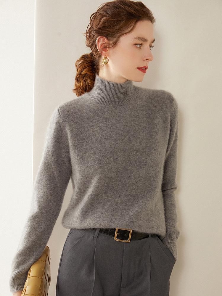 Gray Women's Cashmere Semi-High Neck Sweater - Thickened Wool Knit for Autumn and Winter