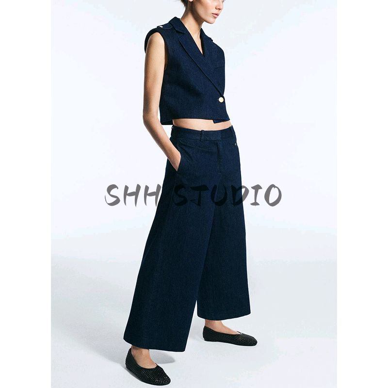 Women's Spring Clothing High Waist Wide Leg Jeans 2412040 Lapel Sleeveless Short Denim Vest 2413040