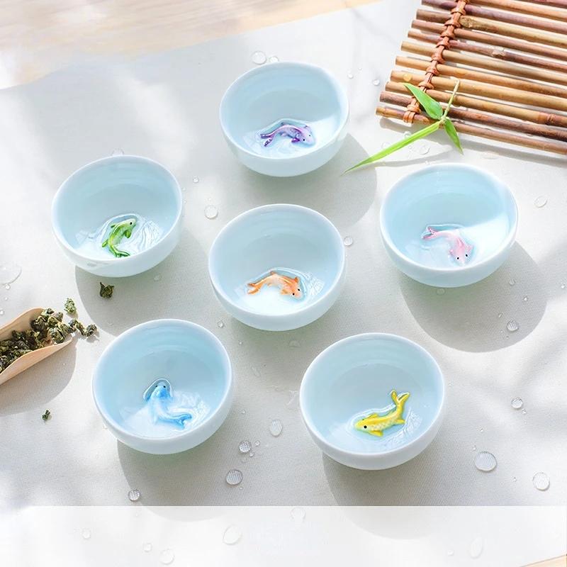Керамическая чайная чашка Японская чайная чашка 6 шт. Селадоновая цветная чашка для чая с карпами Набор чайных чашек Китайский чайный набор Кружка Чашки Jingdezhen Чаша Puer Bar