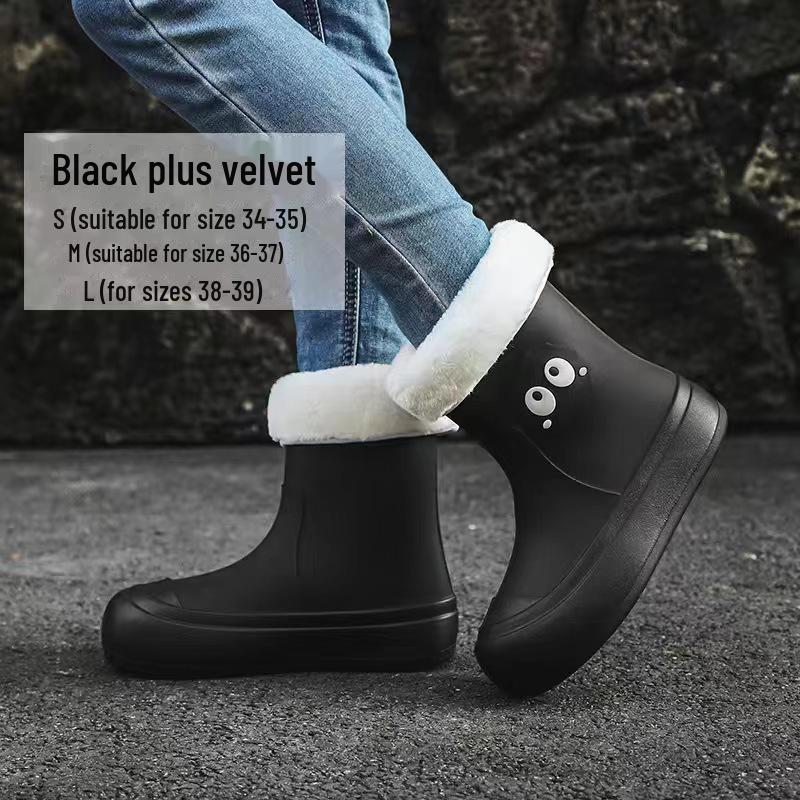 Women's Cute Korean Cartoon Non-Slip Waterproof Rain Boots with Velvet and Cotton for Warmth - Short Tube Outdoor Footwear