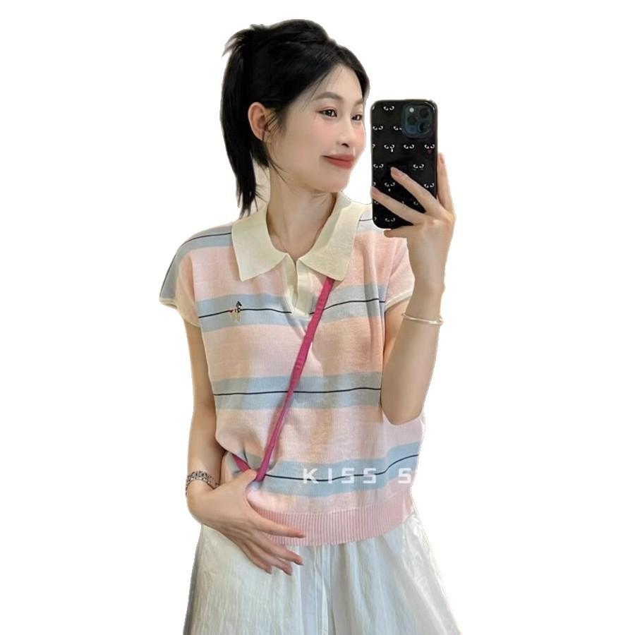 A Korean-style Striped Polo Neck Knitted Short-sleeved Women's Summer Thin T-shirt with A Design Sense and Embroidered Straight Shoulders