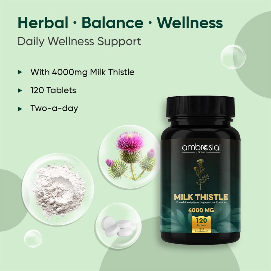 Ambrosial Milk Thistle 4000 Mg | High Strength Liver Support Antioxidant | Liver Detox Supplement (Pack of 1-120 Tablets)