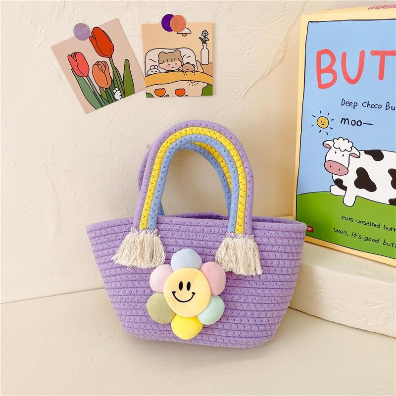Children's Handbag Cotton Rope Woven Bag Gift Basket Shoulder Cartoon Sunflower Rainbow
