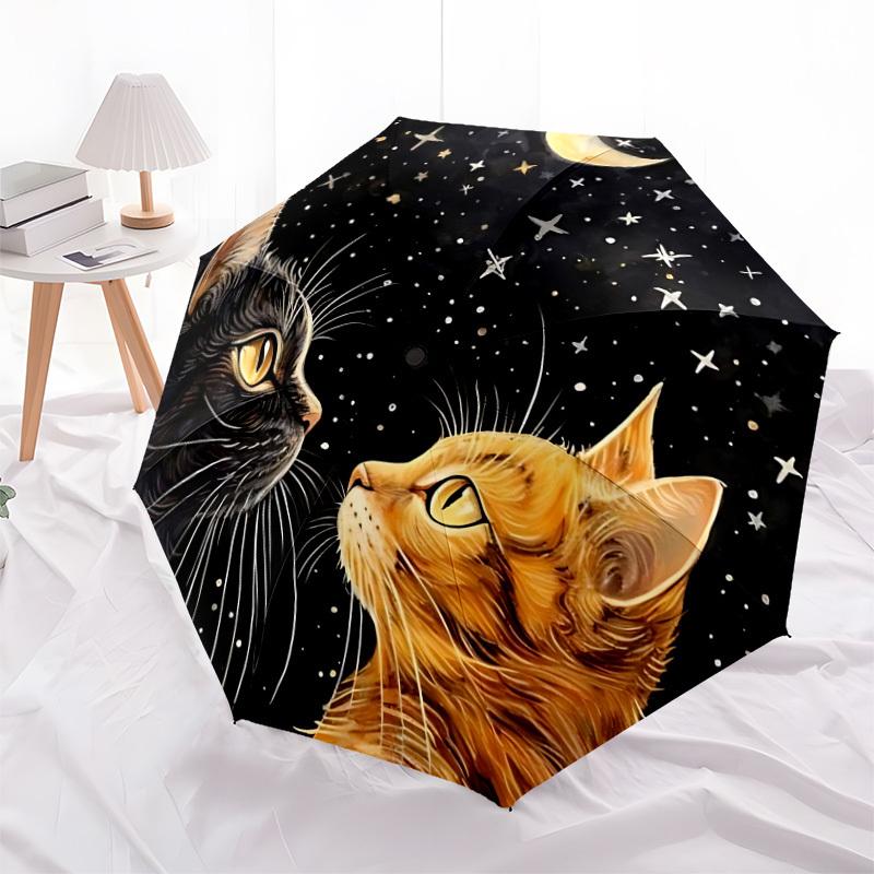 1 Stück Katzen Nacht Mond Sterne Automatischer Faltregenschirm, 8 Rippen Eisenrahmen, Geeignet für Reisen im Freien und den täglichen Gebrauch yy251120258