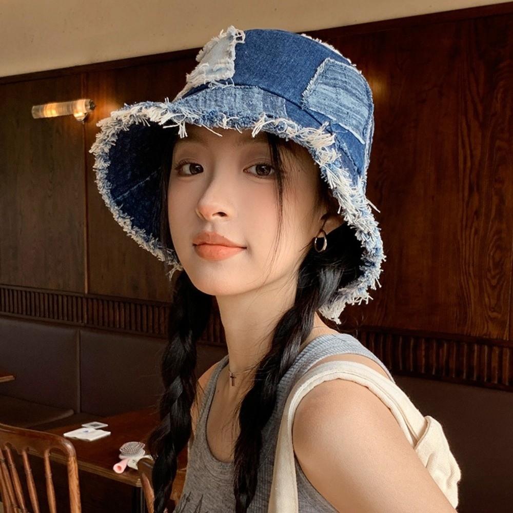 Beggar Style Retro Fisherman Hat Patched Sun Protection Basin Cap Fashion Denim Bucket Hat  Women