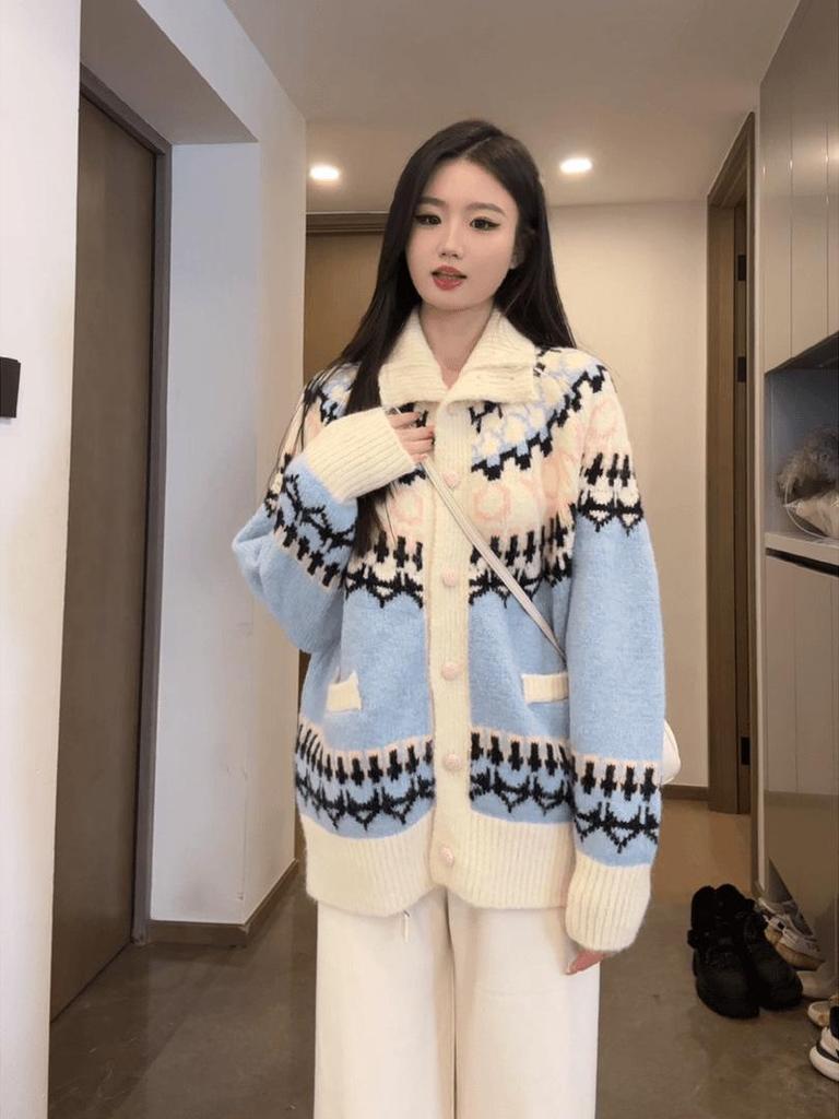 2024 Women's Fair Isle Jacquard Cardigan: Cozy Turn-Down Collar, Loose Fit for Autumn/Winter