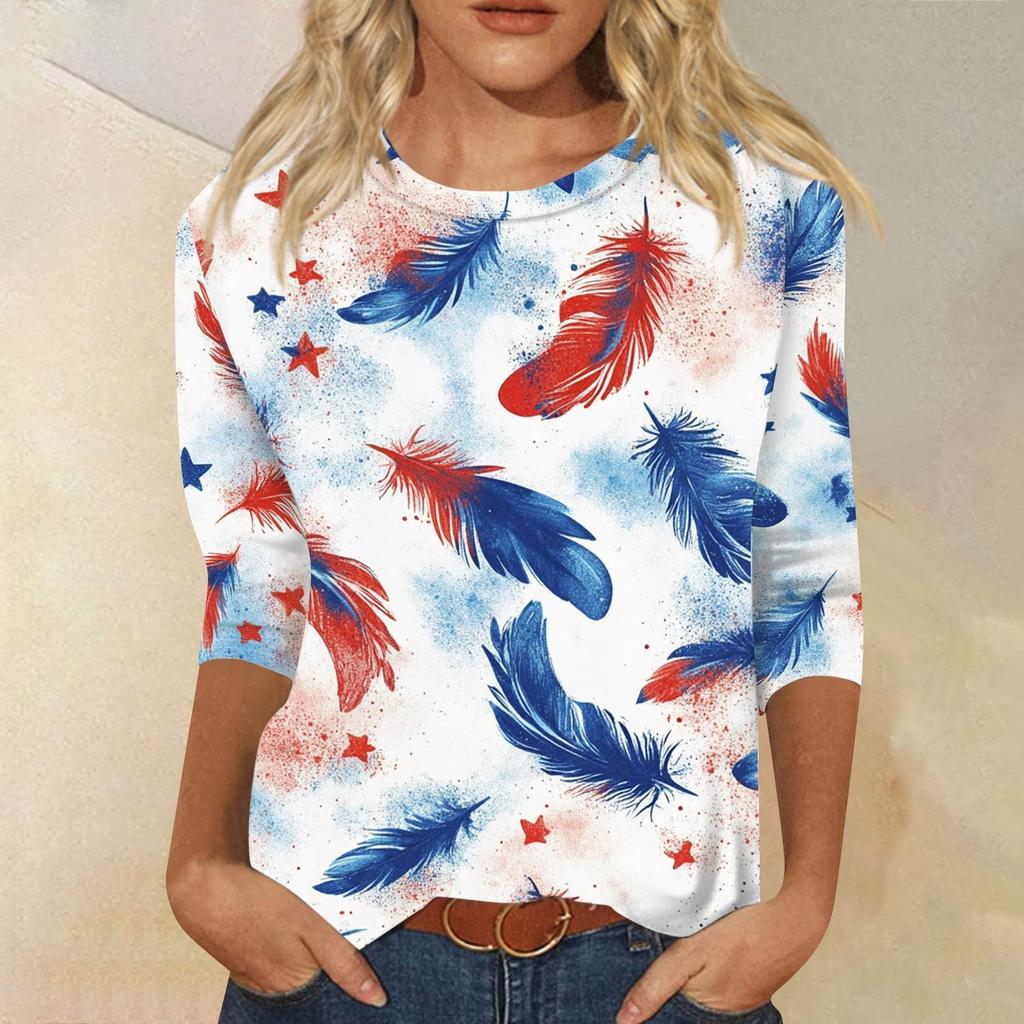 Women's Fashion Casual Round Neck 3/4 Sleeve Loose Printed T-Shirt Ladies Top