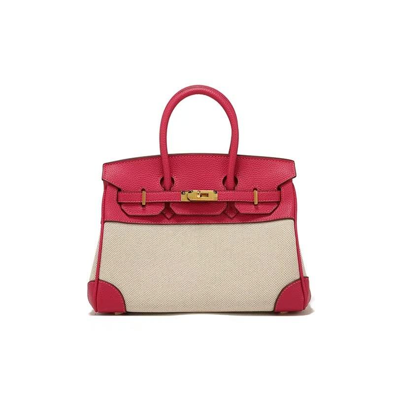 Classic Fashion Lychee Pattern/canvas Splicing Contrasting Color Large Capacity Portable Shoulder Messenger Bag Bag