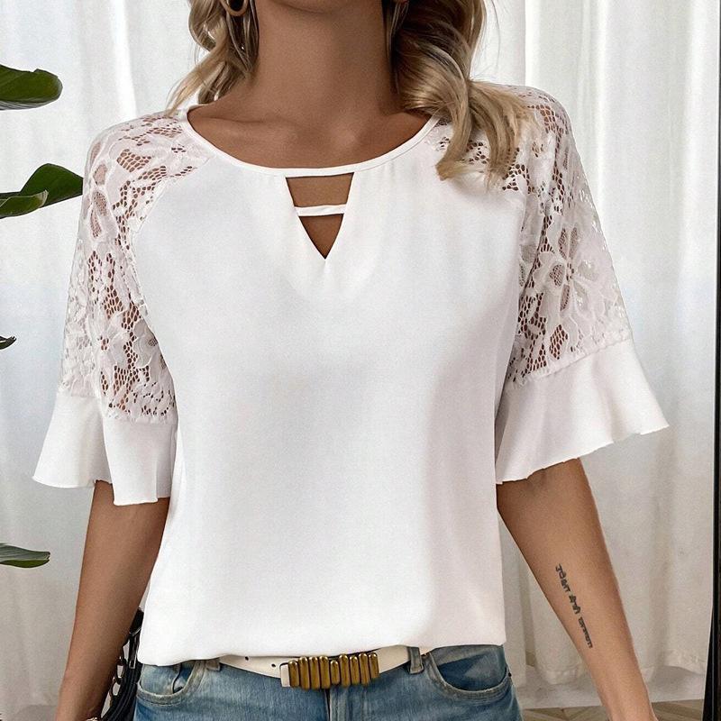 

Летняя кружевная женская блузка с коротким рукавом и круглым вырезом, модная элегантная свободная офисная рубашка с кружевом, женская белая милая верхняя одежда для женщин XXL белый
