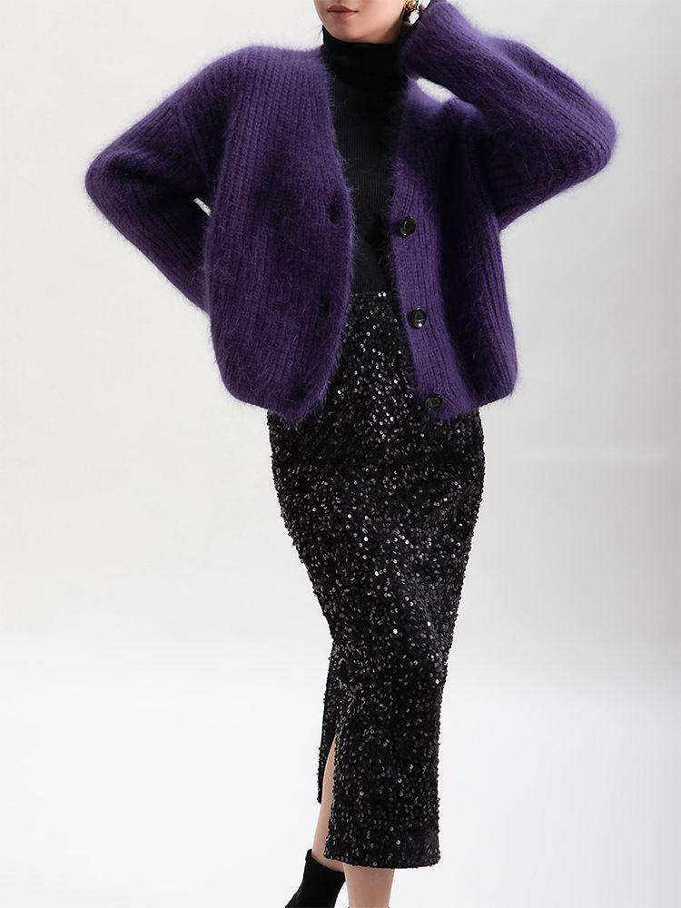 European & American Style Purple Faux Mink Velvet V-Neck Long-Sleeve Knitted Cardigan Sweater