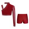 Girls Dance Performance Top Sparkly Rhinestone Irregular Shoulder Crop Top V Front Waistband Shorts