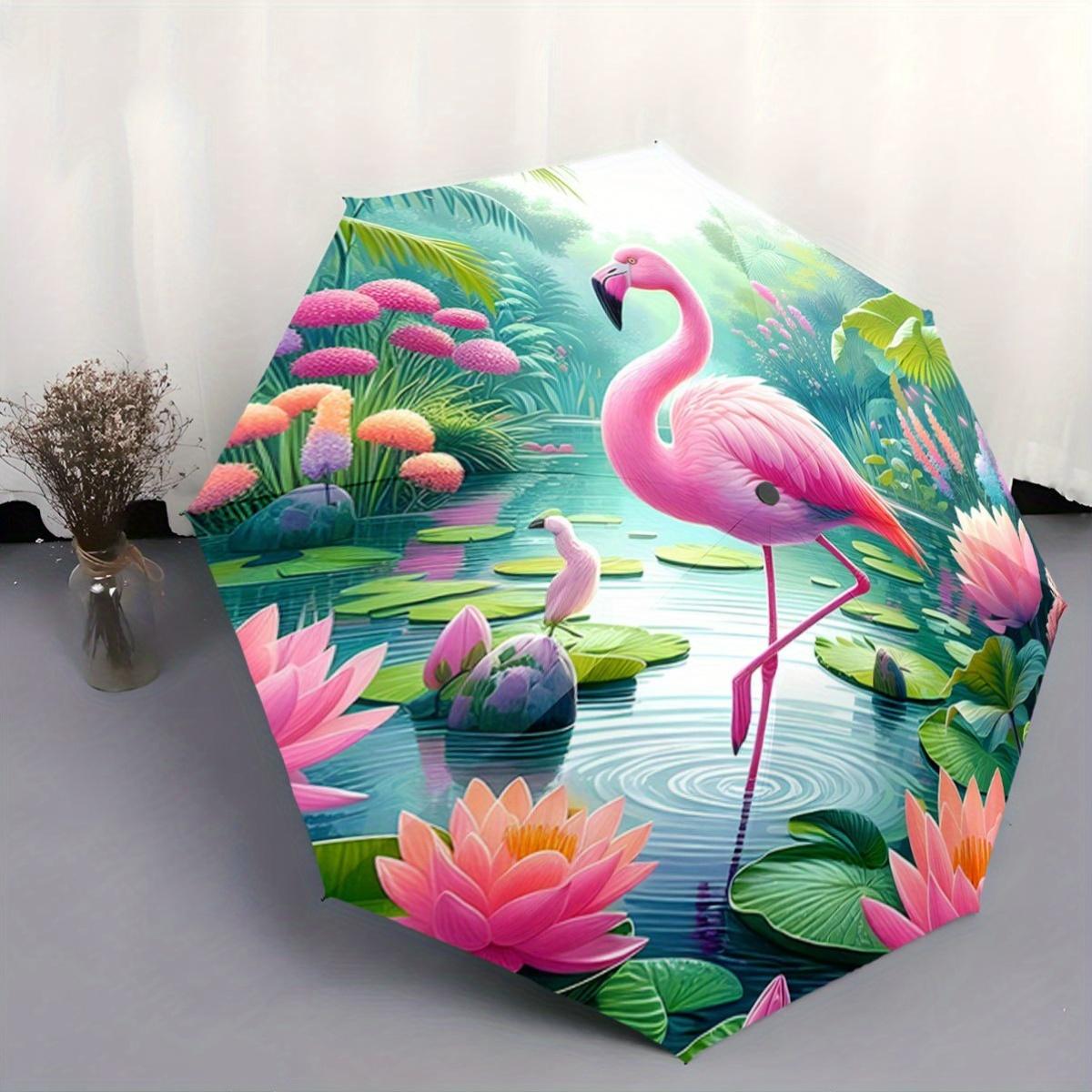 

Flamingo Tropical Pond Umbrella - Automatic Open/Close Compact Travel Umbrella with 8-Rib Strong Frame, Portable Folding Umbre Iron&8K