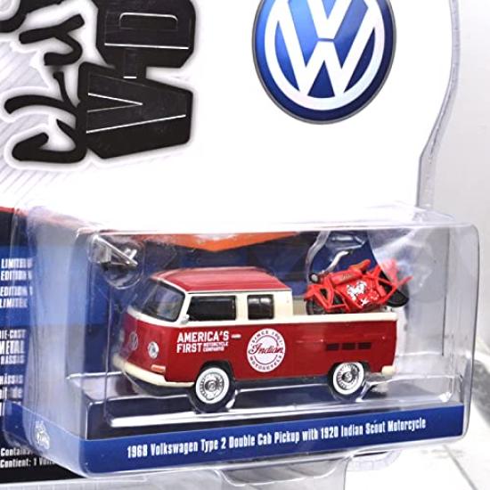 GREENLIGHT scale Volkswagen Type 2 Double Cab Pickup 1920 Indian Scout Series 13 164 "V-Dub" "1968 & Motorcycle"