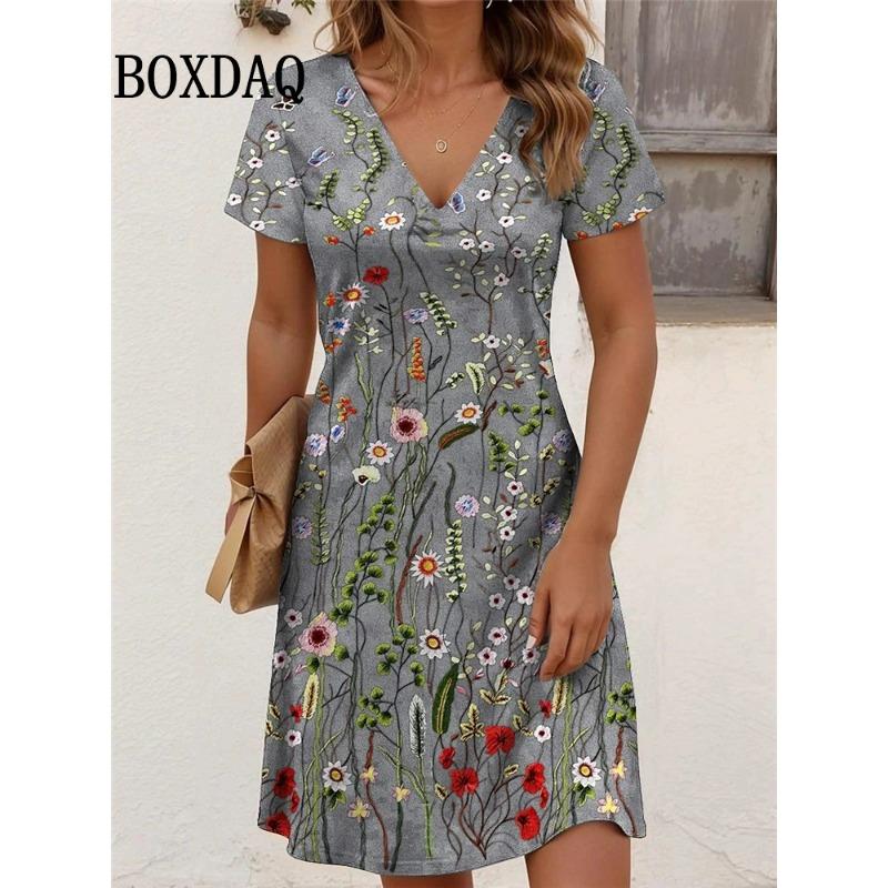 

Summer Vintage Flowers 3D Print Women s Dresses Short Sleeve Dress Retro Casual V-Neck Pullover Loose Plus Size Clothes 6XL