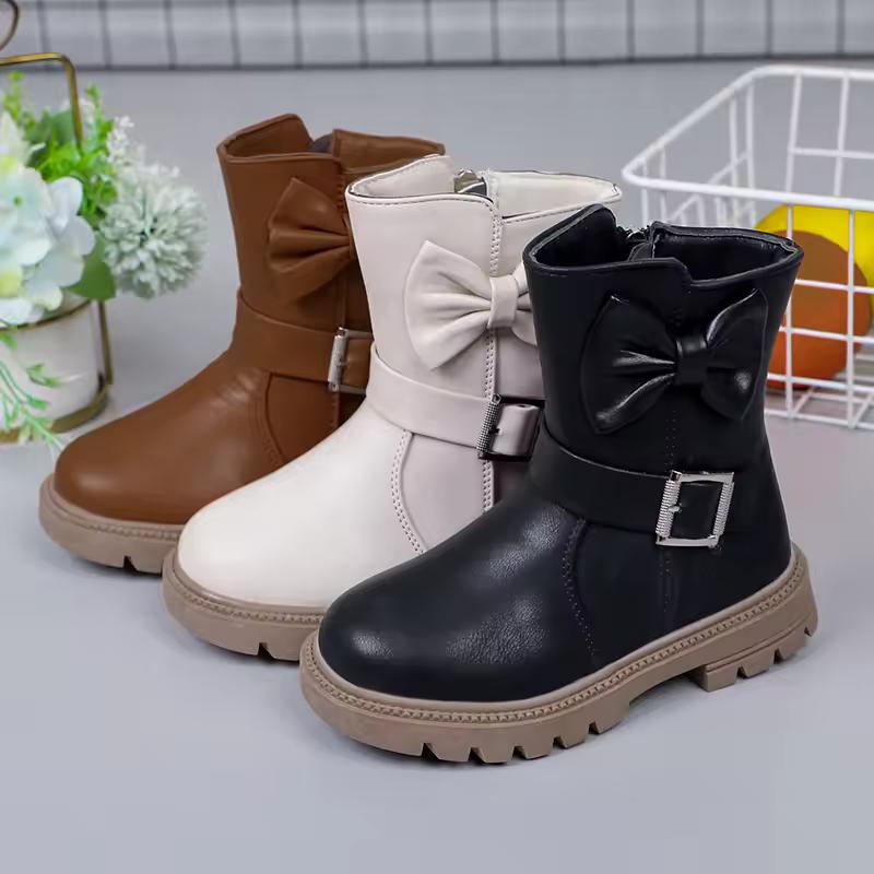 Autumn and Winter Girls Boots Bow Kids Buckle Cool Solid Color Toddler Girls Shoes Children Casual Boots Versatile Martin Boots