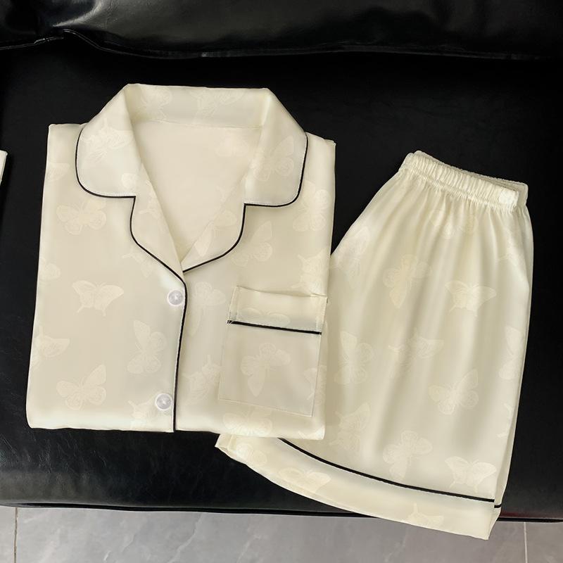 Light Luxury High-End Cold Silk Cool Butterfly Jacquard Pajamas Women'S Summer Short-Sleeved Casual Loungewear Set