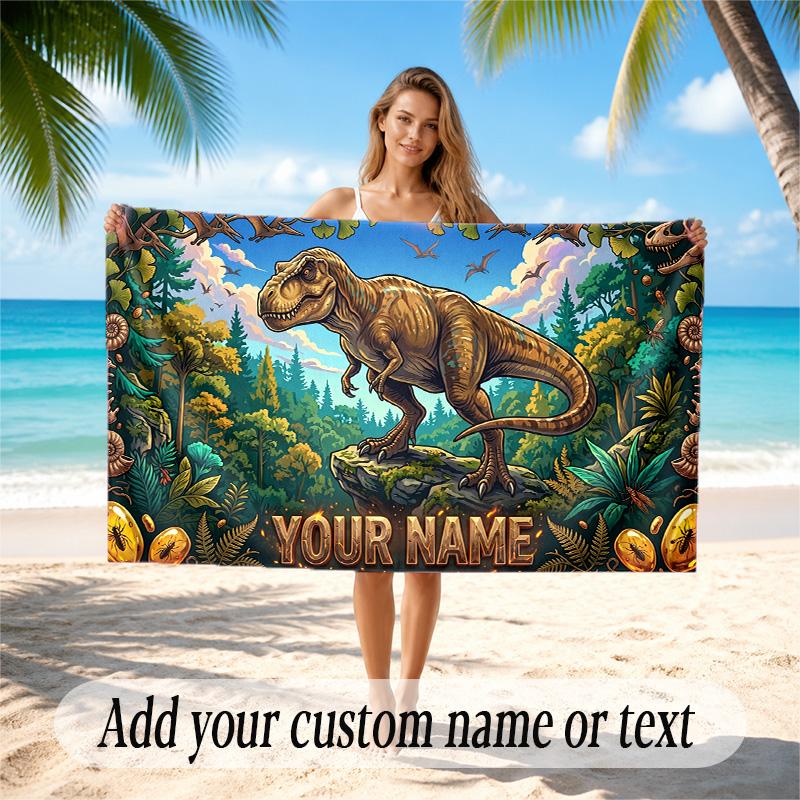 Dinosaur Theme Quick Dry Beach Towel Custom Name Text Print Large Sand Resistant Towel Beach Vacation