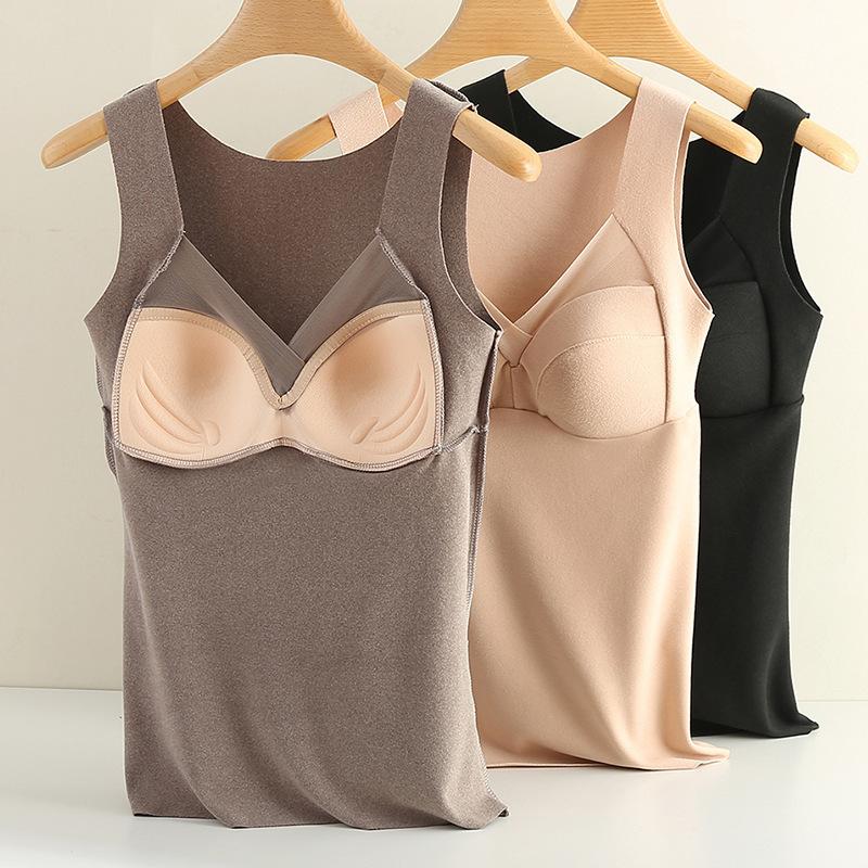 Winter Women's Velvet Thermal Vest Sleeveless Thermal Underwear with Bra Pads Sleeveless Bottoming Shirt Fleece Undershirt with Bra Pads