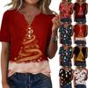 Women's Casual V-Neck Short Sleeve Button Front T-Shirt Top with Christmas Print