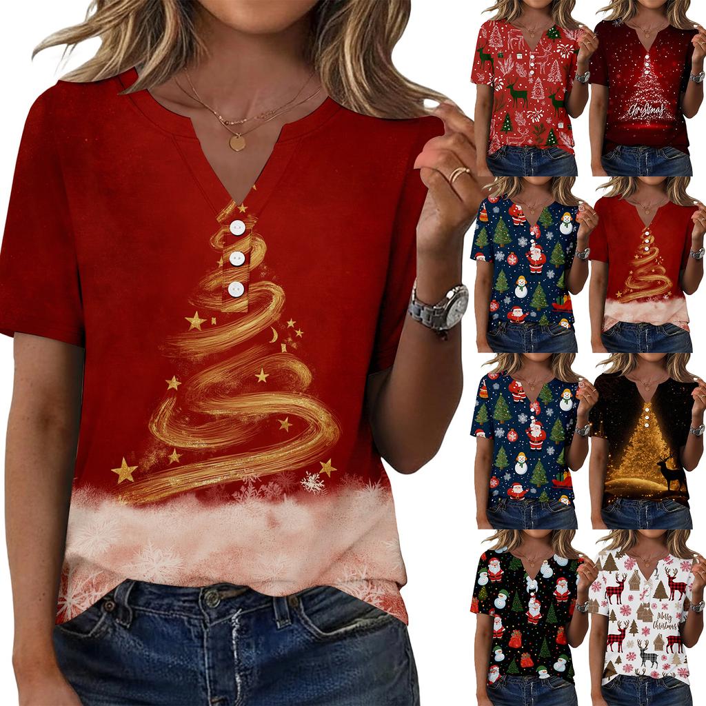 Women's Casual V-Neck Short Sleeve Button Front T-Shirt Top with Christmas Print