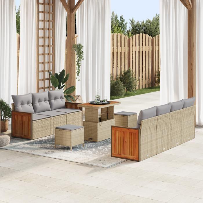 Ensemble de Canapé de Jardin 10 Pièces avec Coussins Beige Rattan Poly Acacia, Ensemble de Salle à Manger de Jardin 3 Pièces 3365222