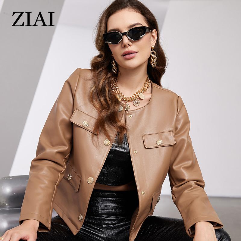 ziai New Spring Autumn Women Short Faux Leather Jacket Casual PU Coat Loose Motorcycle Jackets Fashion Streetwear Oversized Korean Coat YDP-21597