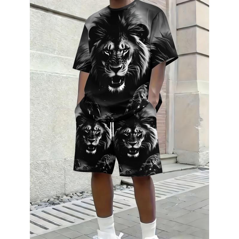 Men's 3D Lion Print Summer Set: Black & White Realistic Tee with Matching Shorts. Cool Streetwear for Holiday & Daily Wear