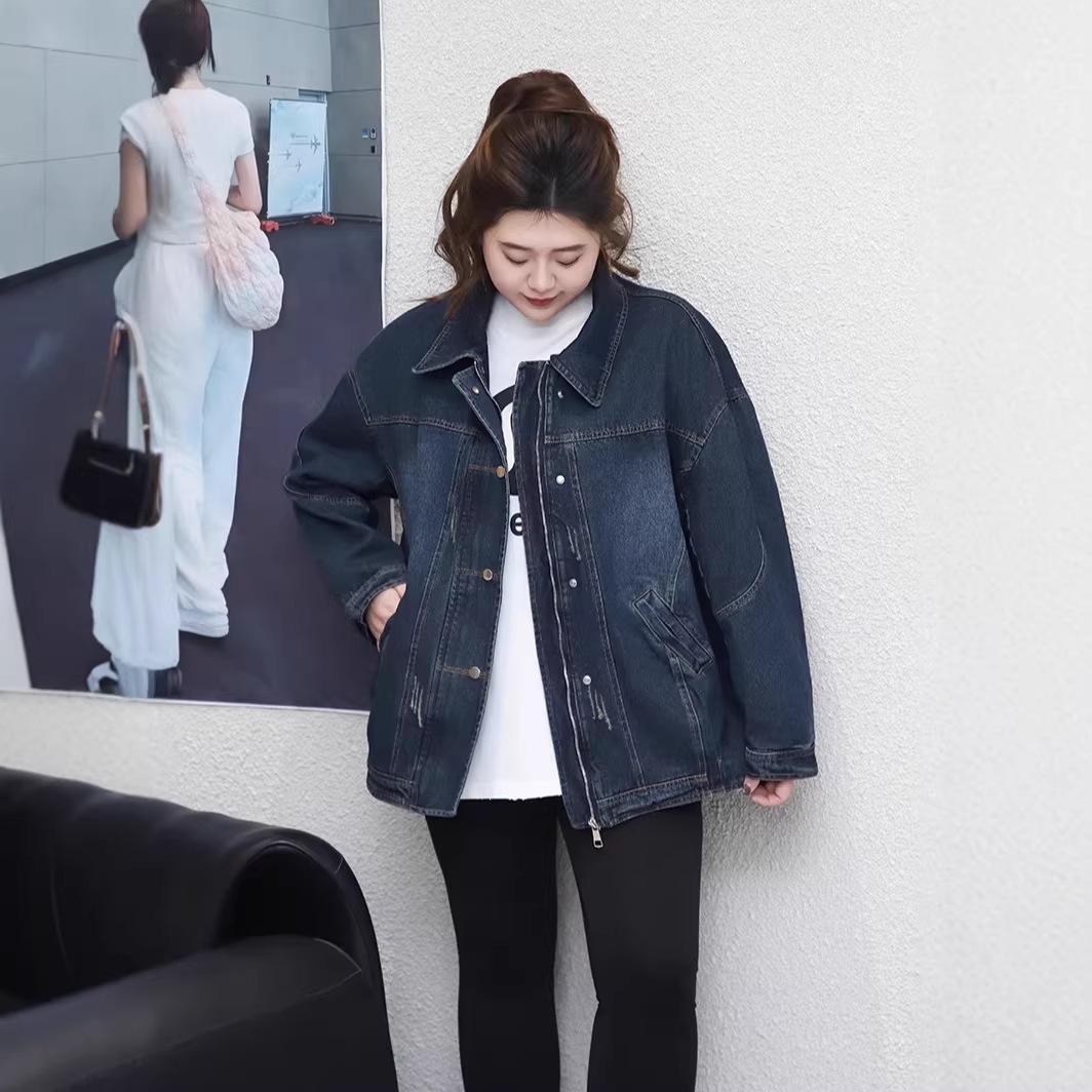 

Spring Retro Lapel Plus Size Denim Jacket for Women 6XL (Fits 220-260 lbs) синій