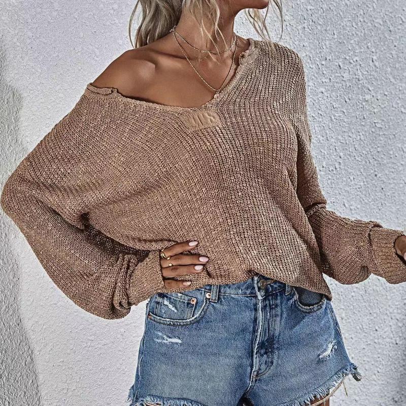 IHUASU Autumn and Winter V-neck Women's Knitted Loose Solid Colour Fashion Pullover Jumper