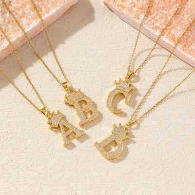 Ρετρό Κολιέ με Κρεμαστό Ζιργκόν Στέμμα και Γράμμα - Αλυσίδα από Ανοξείδωτο Ατσάλι με 26 Αγγλικά Γράμματα για Γυναίκες