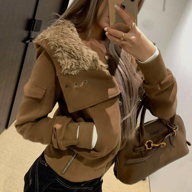 2025 Trendy Retro American Spicy Girl Thick Warm Slim Short Hooded Jacket Medium коричневый/мёд