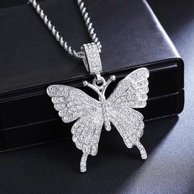 Diamond-Studded Butterfly Pendant Necklace: Luxurious, Versatile Stainless Steel Chain for Men and Women