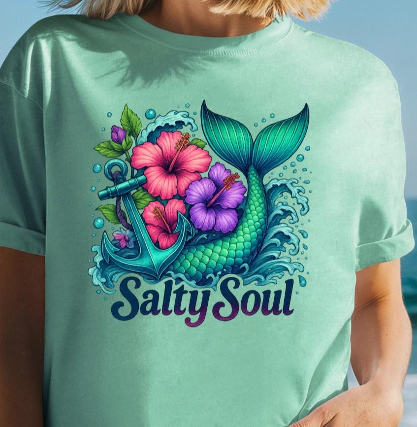 Футболка с хвостом русалки Salty Soul | Футболка с тропическим цветочным морским дизайном, Пляжная одежда S