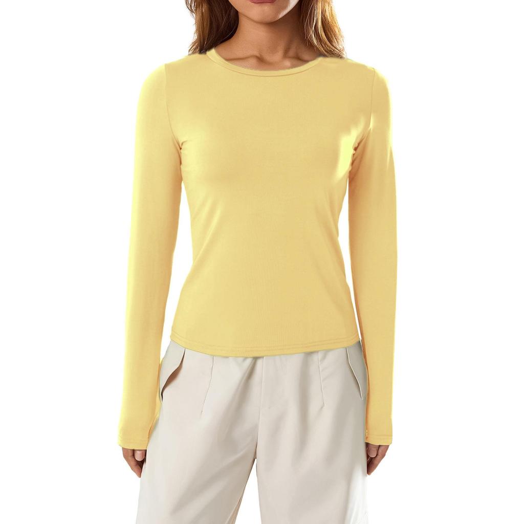 2023 Women's Autumn Slim Fit Irregular Long Sleeve T-Shirt - Solid Color, Round Neck