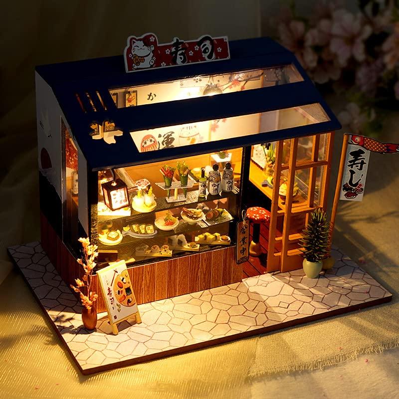 DIY Wooden Dollhouse Miniature House Sushi Restaurant Handmade Kit Set for Japanese Style Miniature Collection Kit Dollhouse with LED Lights