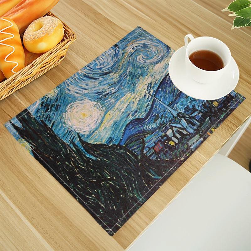 Van Gogh The Starry Night Print Linen Dining Table Mats Alphabet Kitchen Placemat 30X45cm Coasters Pads Bowl Cup Mat