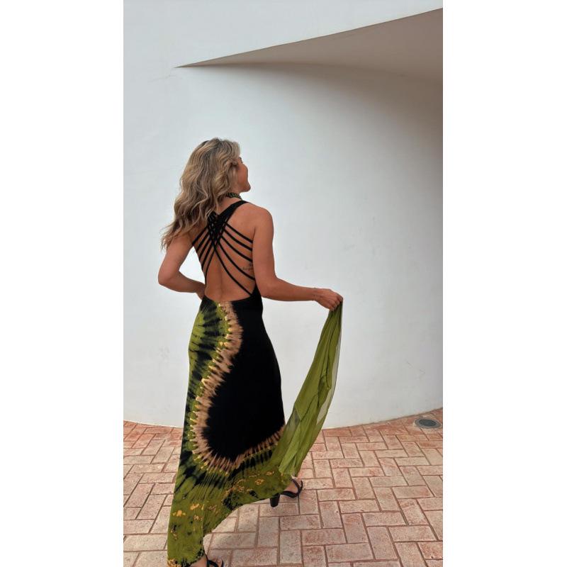 2025 Summer European & American Women's Printed Strap Backless Dress
