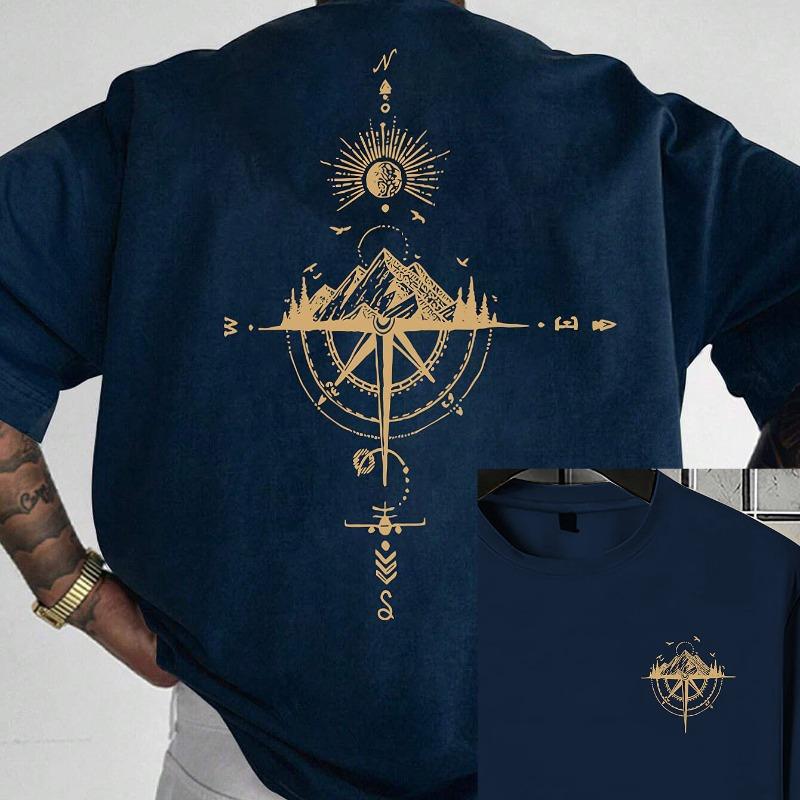 2025 Men's Summer T-shirt Sports Casual Loose Gold Compass Rose Mountain Pattern Printed Round Neck Short Sleeved T-shirt Summer