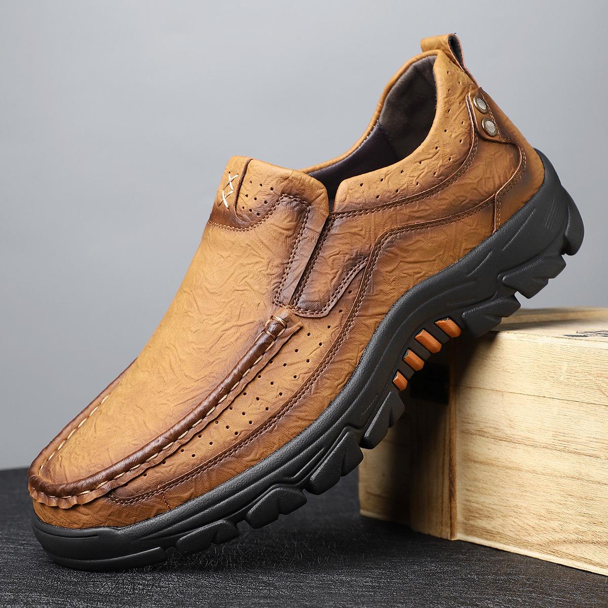 

New men s shoes low-top business casual leather shoes spring and autumn outdoor sports tooling shoes versatile fashion hiking shoes 48 жовтий