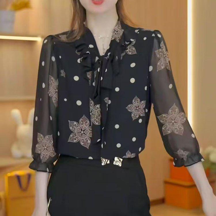 Elegant Black Polka Dot Chiffon Blouse for Women - Seven-Sleeve Slim Fit Top