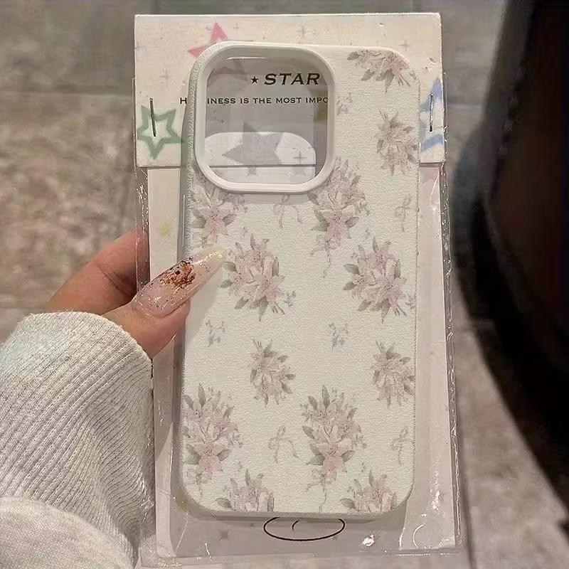 Elegant Lily Flower Pattern Lychee Texture Phone Case For iPhone 17 16 15 14 13 12 11 Pro Plus Max 17 Air X XR XS Silicone Cover